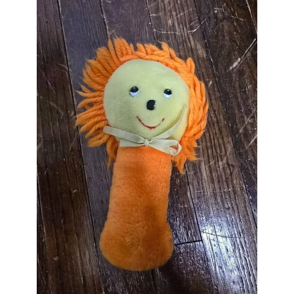 Vintage 1970s Stahlwood Toy Orange Lion Baby Rattle Plush